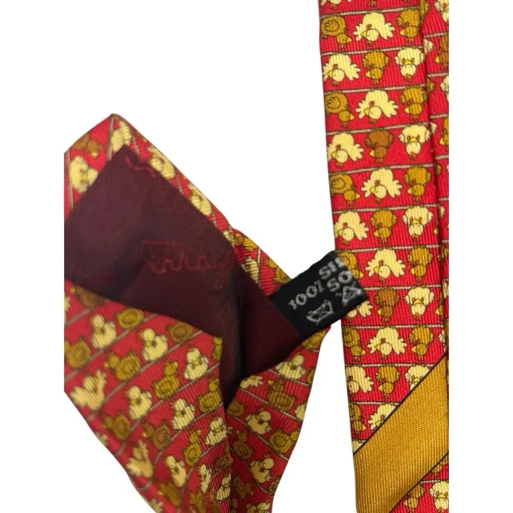 Vintage Salvatore Ferragamo Necktie Mens Red Silk Chicken Novelty Italy Designer